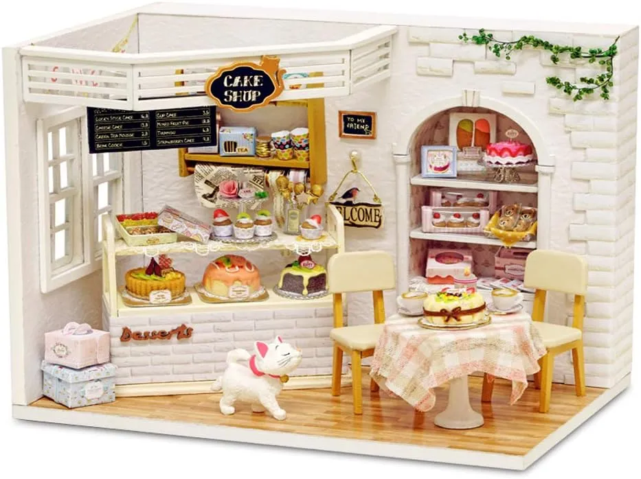 piberagi DIY Miniature Dollhouse Kit with Furniture, 1:24 Scale Creative Room Mini Wooden Doll House Accessories Plus Dust Proof for Kids Teens Adults(Cake Diary)