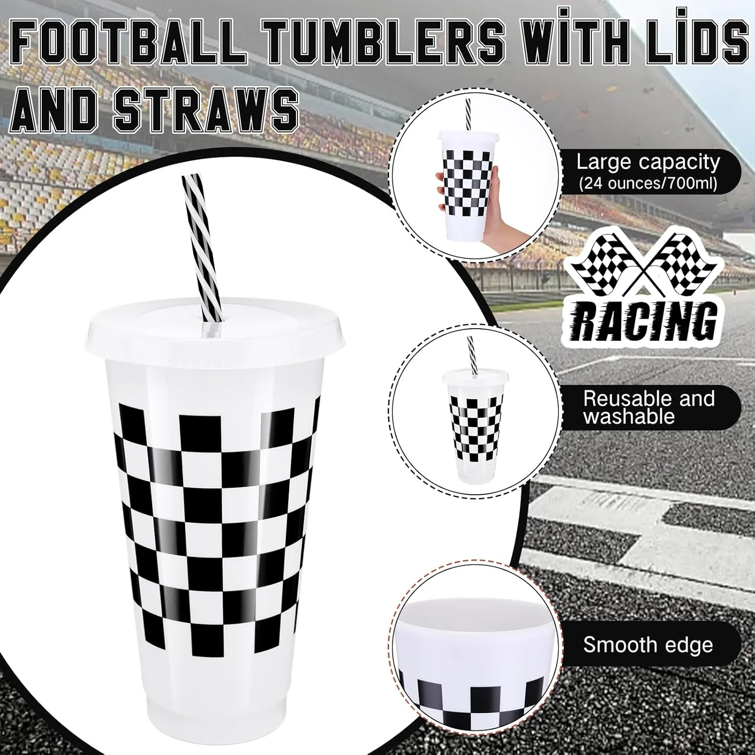 Pickmesh 24 Pcs Plastic Cups with Lid and Straw Bulk 24oz Reusable Plastic Tumblers Sports Drinking Cups Decorations Birthday Party Favors Gift for Team Supplies(Race Car)