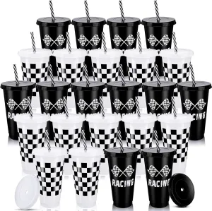 Pickmesh 24 Pcs Plastic Cups with Lid and Straw Bulk 24oz Reusable Plastic Tumblers Sports Drinking Cups Decorations Birthday Party Favors Gift for Team Supplies(Race Car)