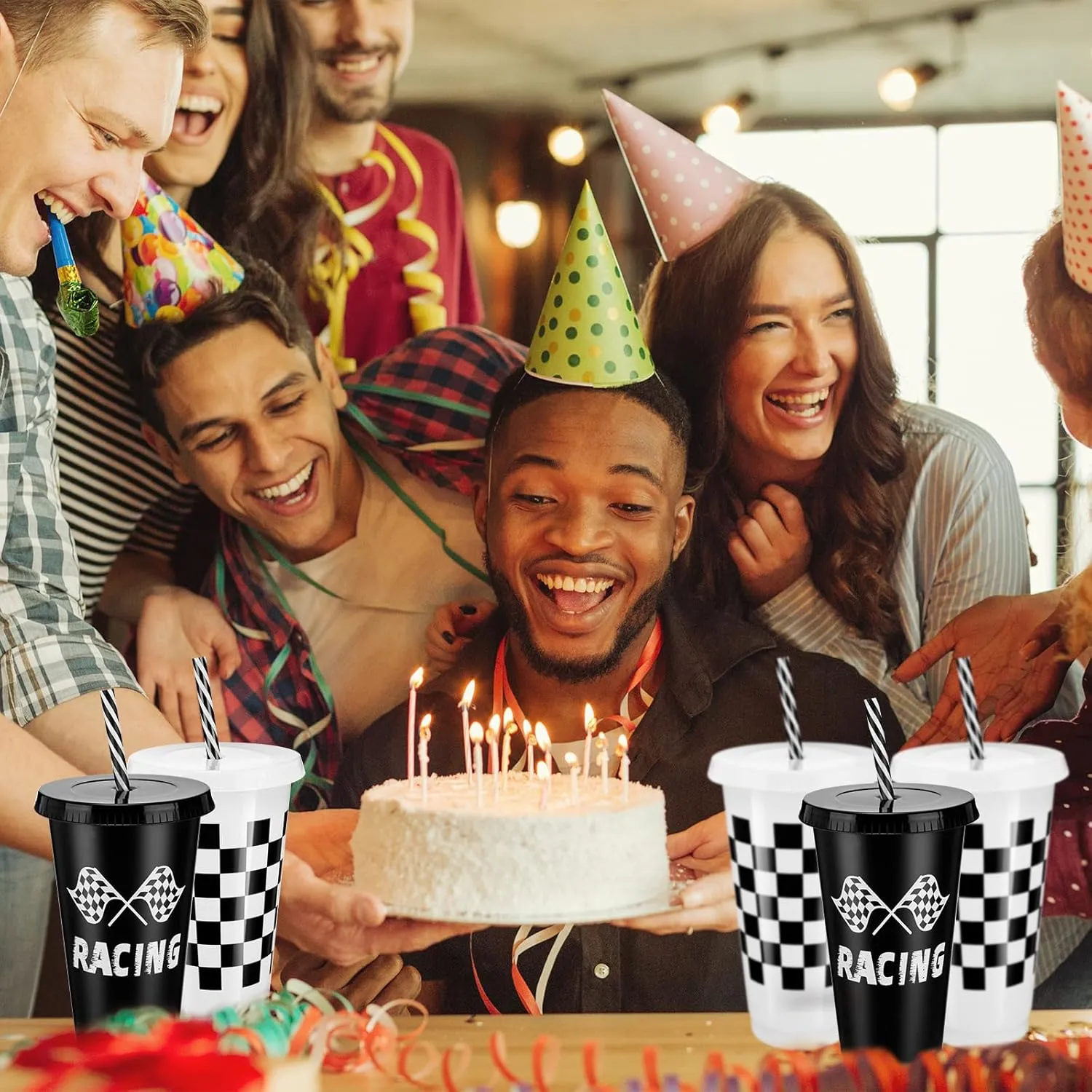 Pickmesh 24 Pcs Plastic Cups with Lid and Straw Bulk 24oz Reusable Plastic Tumblers Sports Drinking Cups Decorations Birthday Party Favors Gift for Team Supplies(Race Car)
