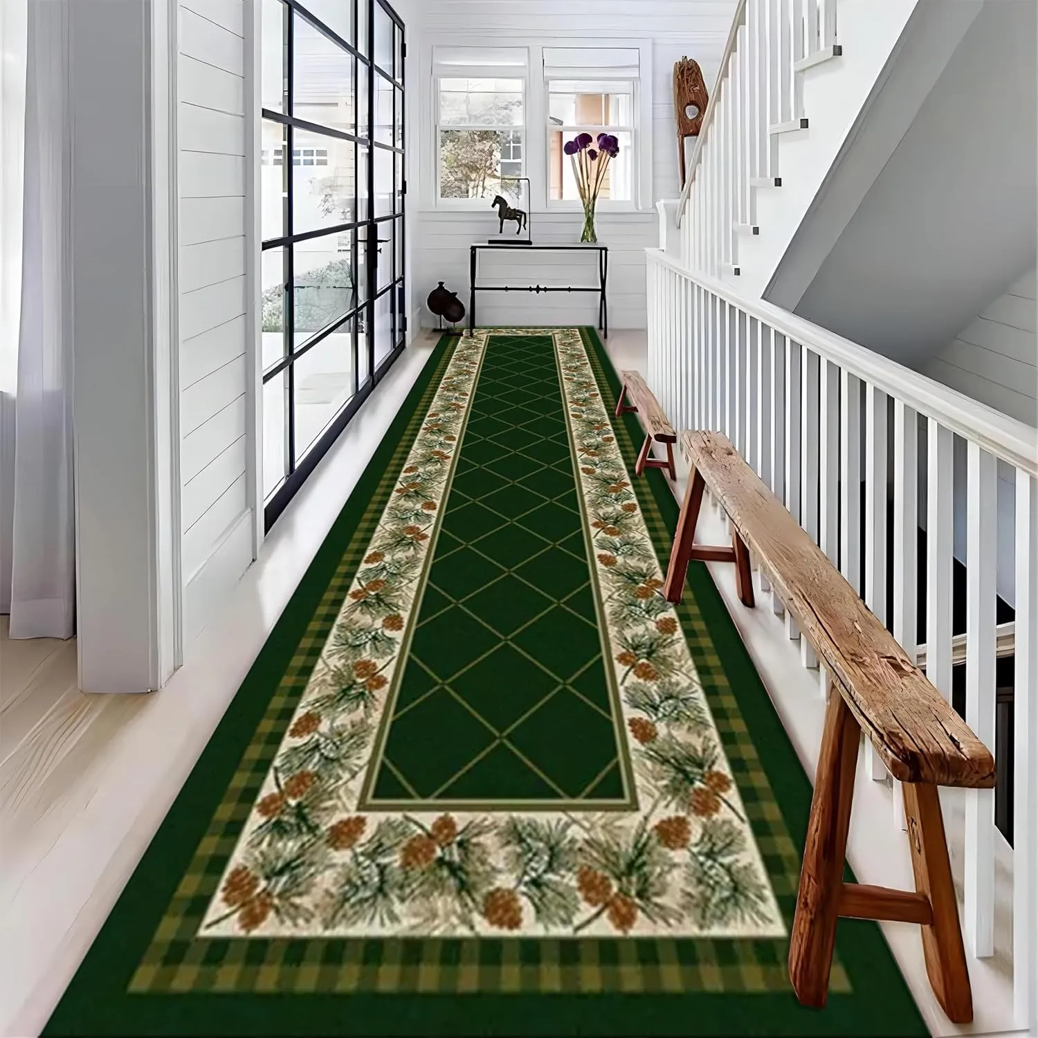 Pine Cone Hallway Runner Rug for Walkway, 2x10ft, Classic Retro Green Plaid Indoor Rug, Soft Non-Slip Absorbent Kitchen Mats, Cozy Thin Non-Shedding Low Pile Rug for Porch Laundryroom