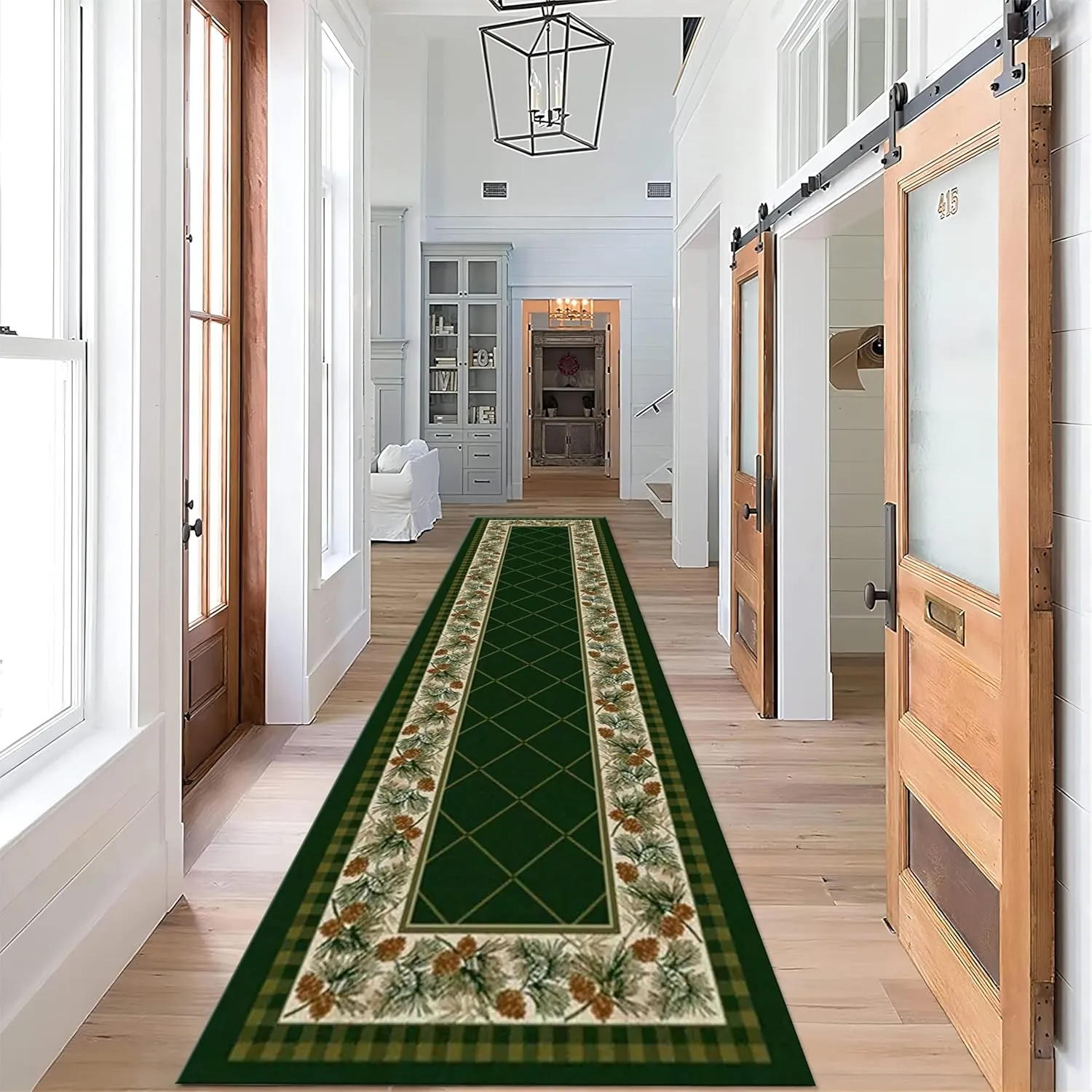 Pine Cone Hallway Runner Rug for Walkway, 2x10ft, Classic Retro Green Plaid Indoor Rug, Soft Non-Slip Absorbent Kitchen Mats, Cozy Thin Non-Shedding Low Pile Rug for Porch Laundryroom