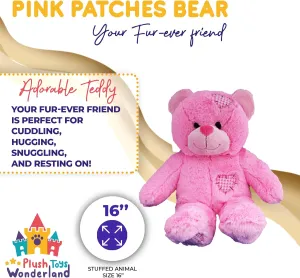 Pink Patches Bear 16 inch – Soft Plush Teddy with Colorful Patchwork Design, Cozy Cuddly Stuffed Animal Toy for Kids, Toddlers & Gift Giving, Ideal Birthday or Holiday Present