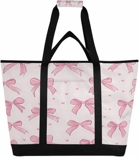 Pink Bows Reusable Insulated Lunchbox Cooler Bag, Leakproof Kitchen Grocery Bag Collapsible Portable Cooler Tote Bag for Picnic, Camping, Office, Travel