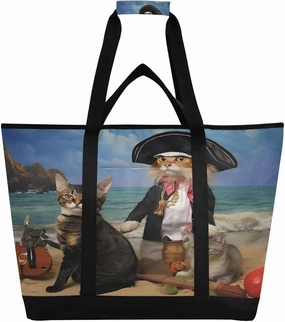 Pirate Captain Cat Reusable Insulated Lunchbox Cooler Bag, Leakproof Kitchen Grocery Bag Collapsible Portable Cooler Tote Bag for Picnic, Camping, Office, Travel