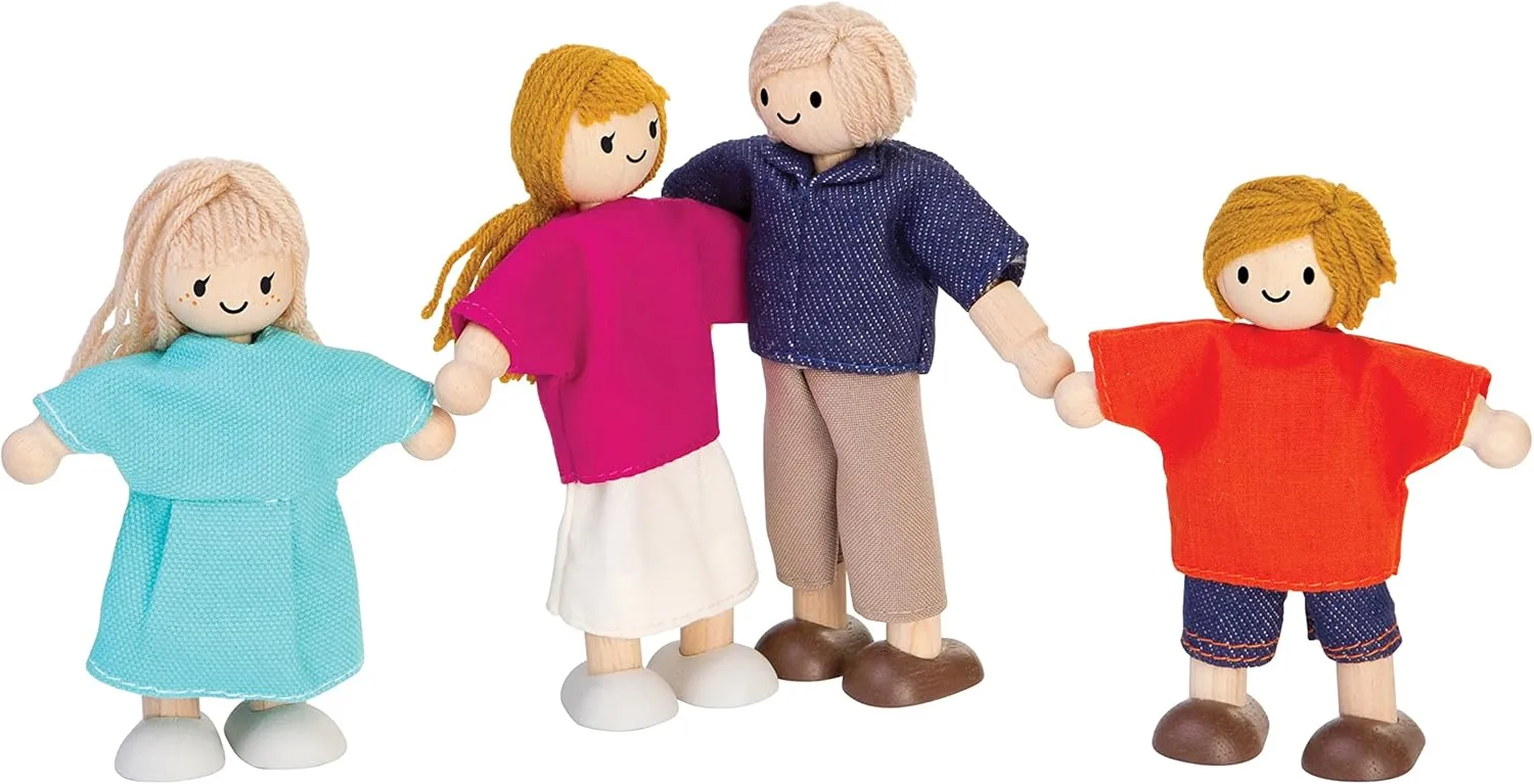 PlanToys Wooden Dollhouse Family- Mom, Dad, Son, and Daughter (7415) | Sustainably Made from Rubberwood and Non-Toxic Paints and Dyes