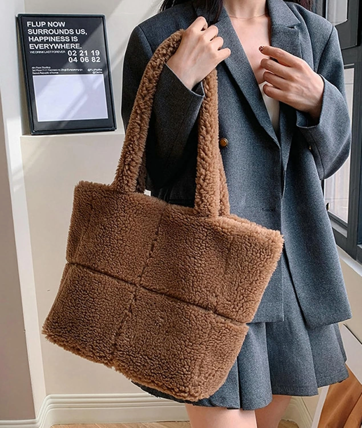 Plush Teddy Tote Bag Women 2024 Fall Winter Large Lamb Wool Shoulder Handbag Cozy Fuzzy Tote Bag