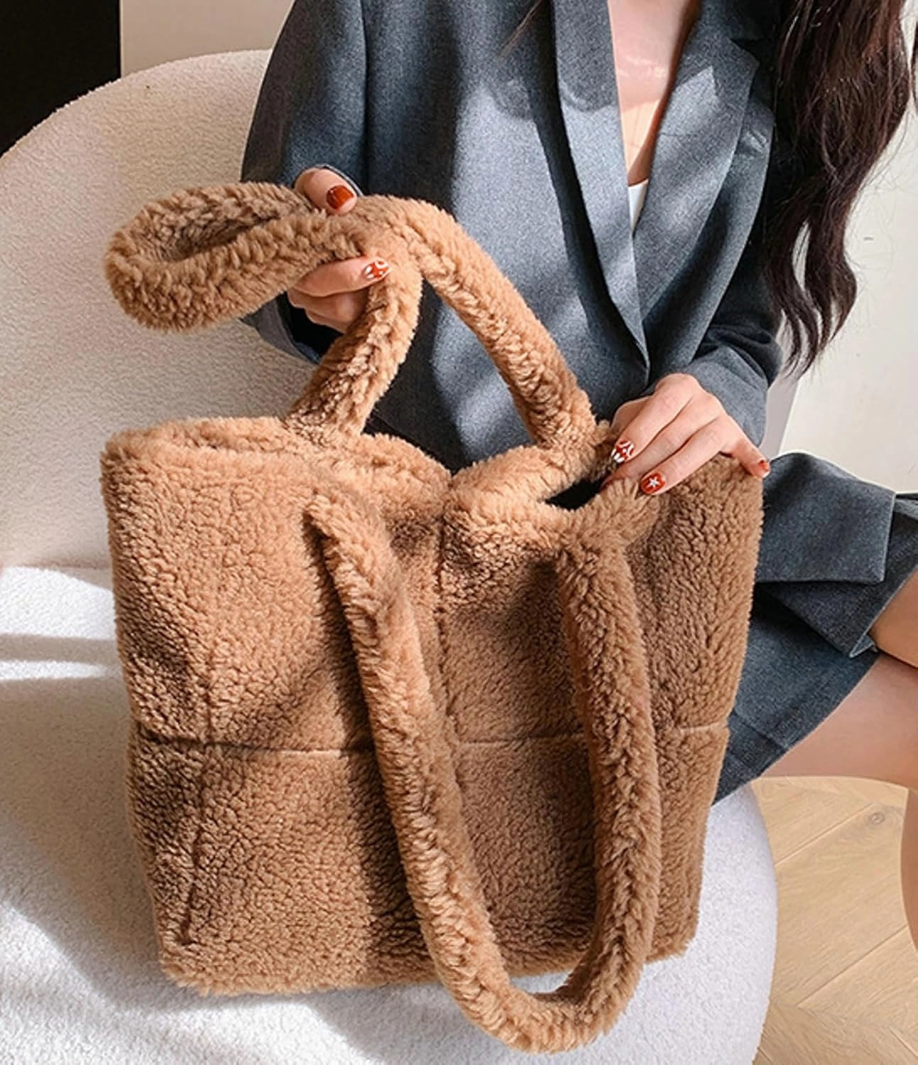 Plush Teddy Tote Bag Women 2024 Fall Winter Large Lamb Wool Shoulder Handbag Cozy Fuzzy Tote Bag