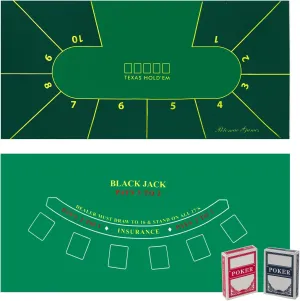 Poker Table Topper Blackjack Set – play Casino Games using the Texas Holdem Poker Set on Green Table Cloth or Black Jack Set on Green Felt Table Mat