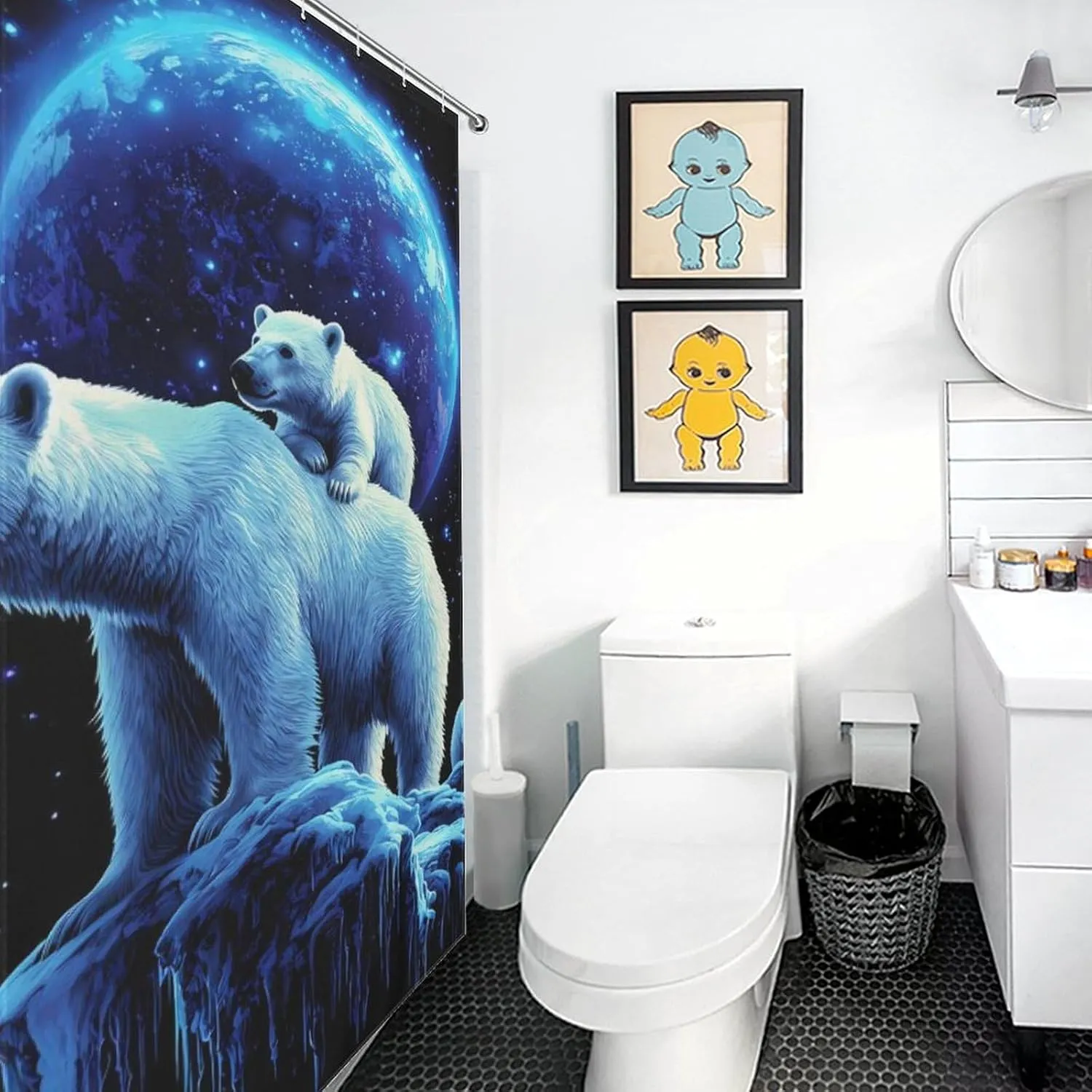 Polar Bear Mom in Spaces Print Shower Curtain Bath Curtains for Bathroom Fabric Liner with Grommets Hooks 36x72Inch（92x183cm）