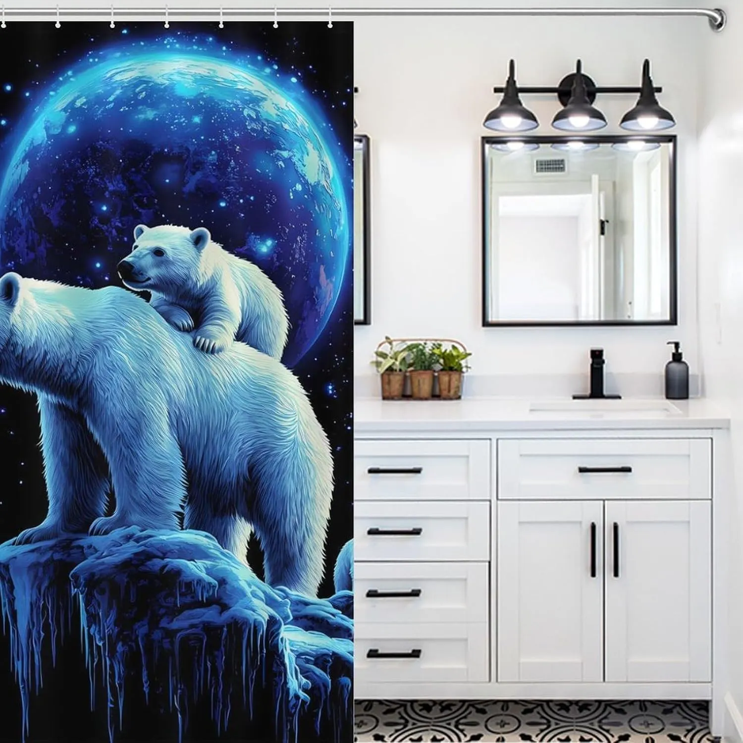 Polar Bear Mom in Spaces Print Shower Curtain Bath Curtains for Bathroom Fabric Liner with Grommets Hooks 36x72Inch（92x183cm）