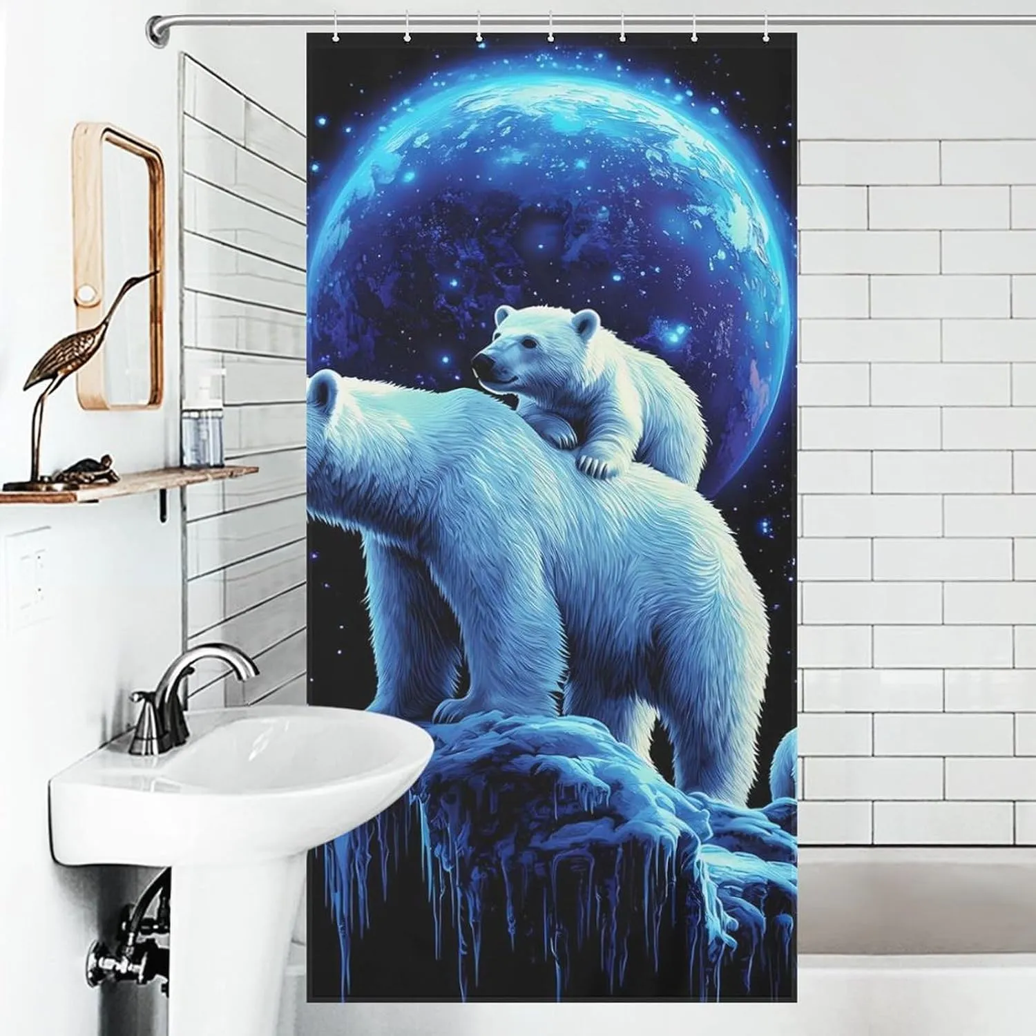 Polar Bear Mom in Spaces Print Shower Curtain Bath Curtains for Bathroom Fabric Liner with Grommets Hooks 36x72Inch（92x183cm）