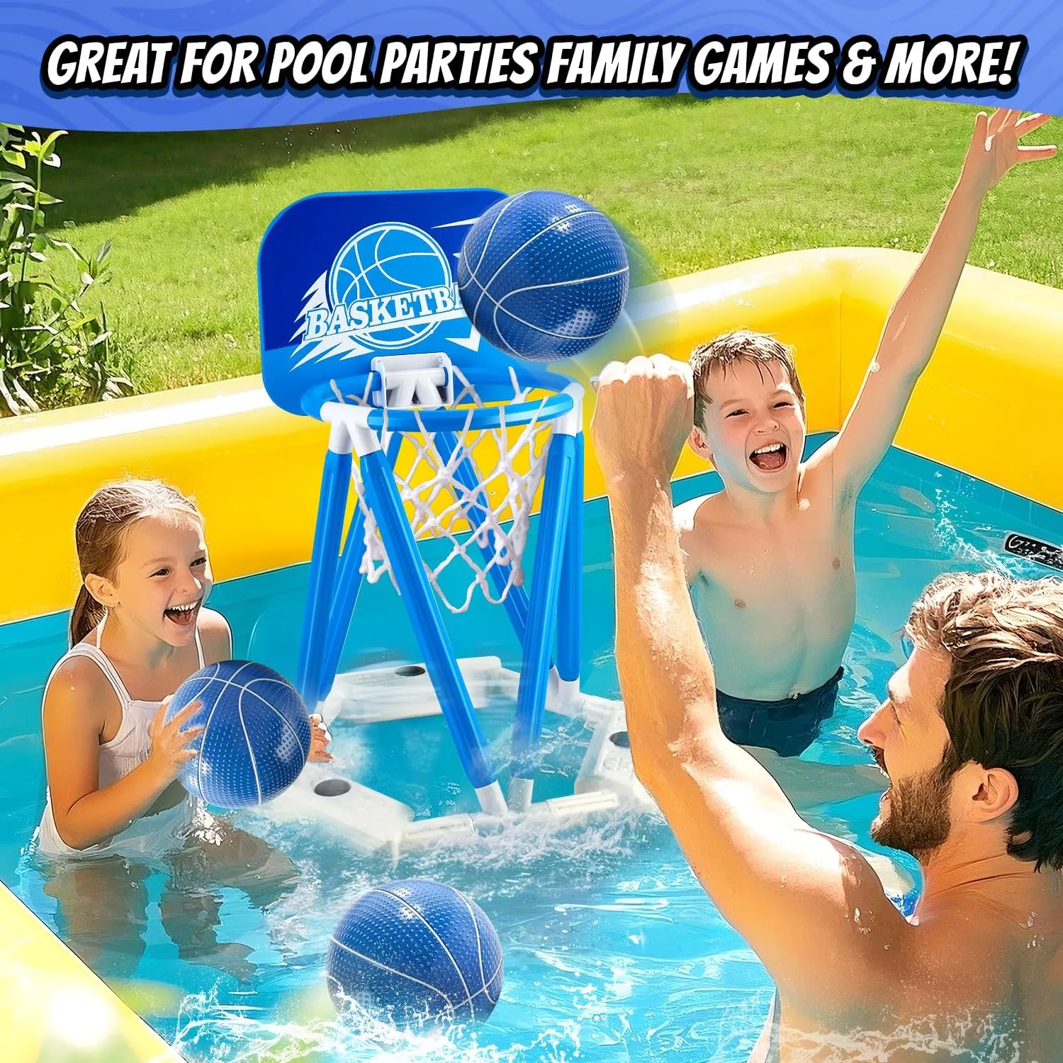 Pool Basketball Hoop, Floating Basketball Hoop Toy for Pool Water Game with 4 Basketballs Summer Swimming Pool Games for Kids & Adults Indoor Outdoor Play (Blue)