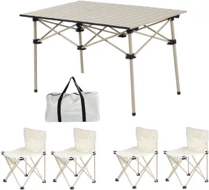 Portable Folding Picnic Table Chair Set, Lightweight Camp Table with Aluminum Roll-up Table Top, 600D Oxford Cloth Camp Chairs, Easy Set Up, 5pcs