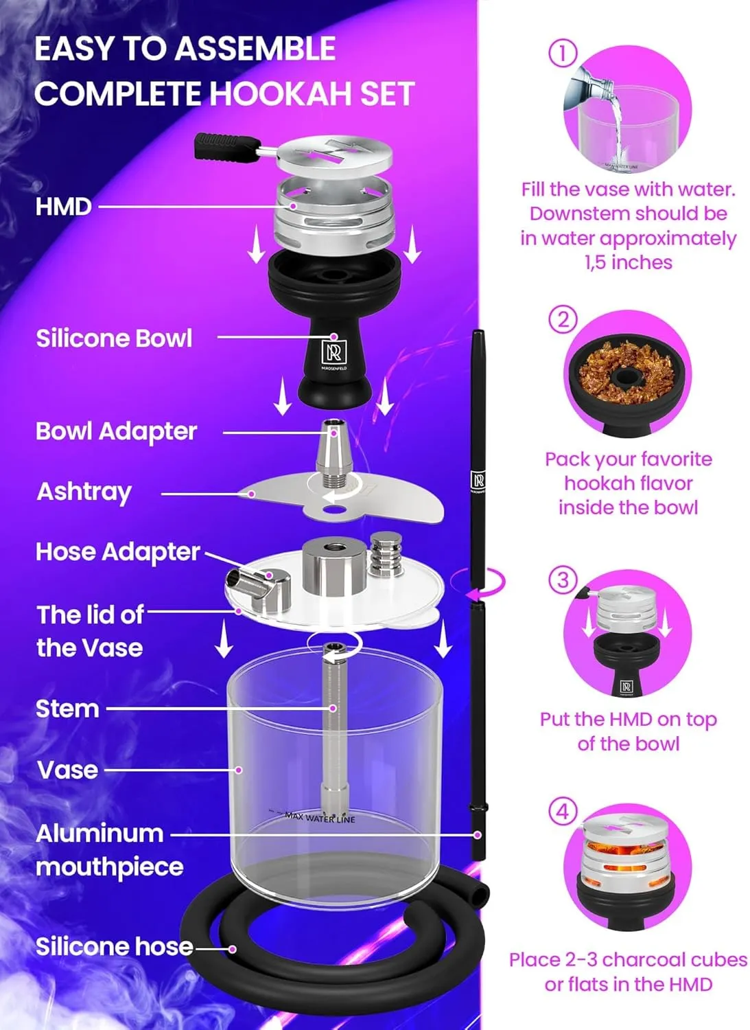 Portable Hookah Set with Everything - YADO Acrylic Hookah Kit To Go - Shisha Hookah Set with Charcoal Holder Heat Management Device, Black Silicone Hookah Bowl Set, Hose and Bag - Hookah Machine