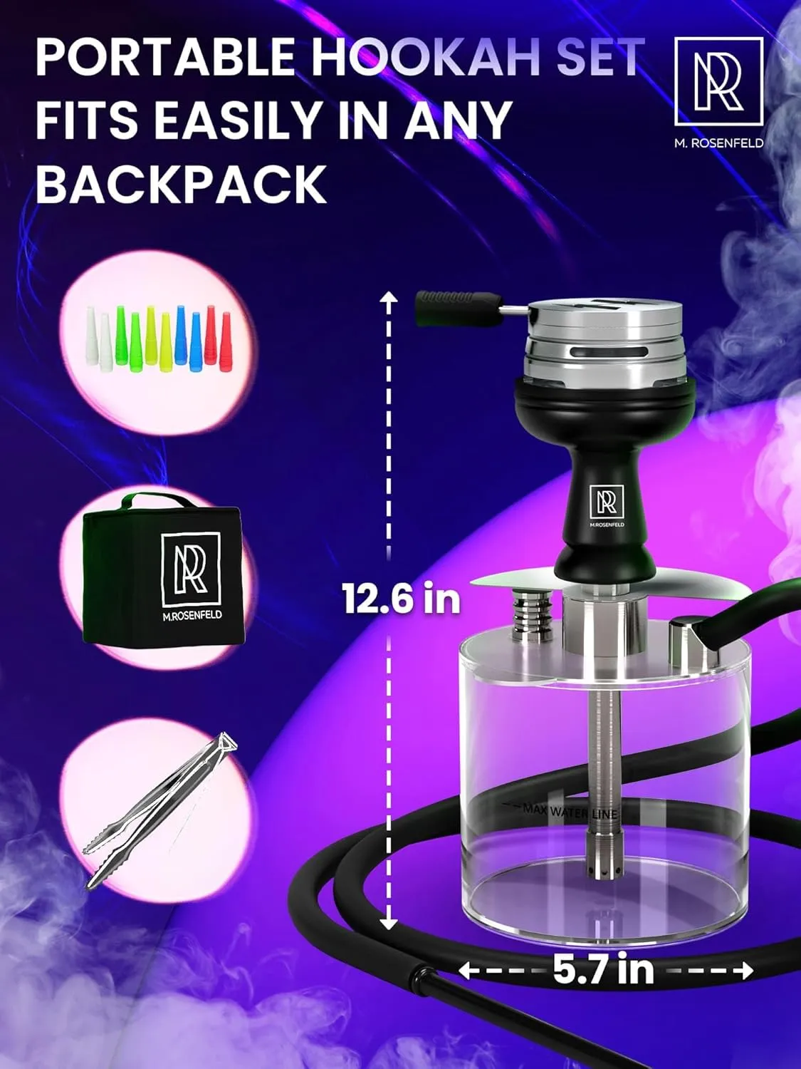 Portable Hookah Set with Everything - YADO Acrylic Hookah Kit To Go - Shisha Hookah Set with Charcoal Holder Heat Management Device, Black Silicone Hookah Bowl Set, Hose and Bag - Hookah Machine