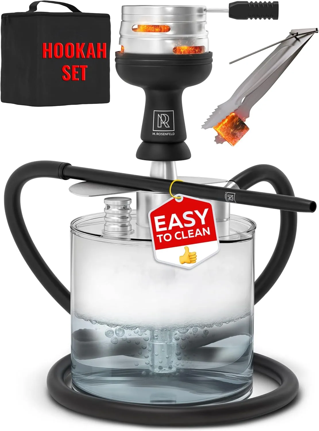 Portable Hookah Set with Everything - YADO Acrylic Hookah Kit To Go - Shisha Hookah Set with Charcoal Holder Heat Management Device, Black Silicone Hookah Bowl Set, Hose and Bag - Hookah Machine