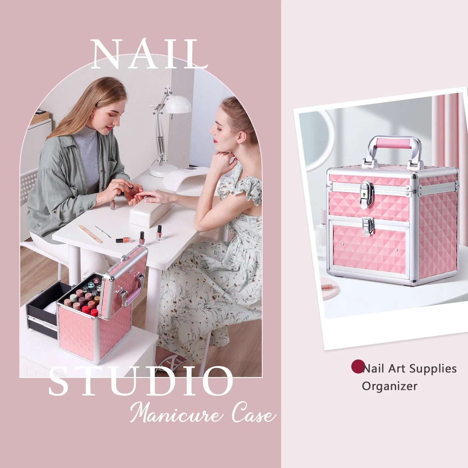 Portable Makeup Box Alloy Make up Train Case Manicure Polish Storage Organzier Beauty Suitcase with Mirror Drawer for Nail Tech