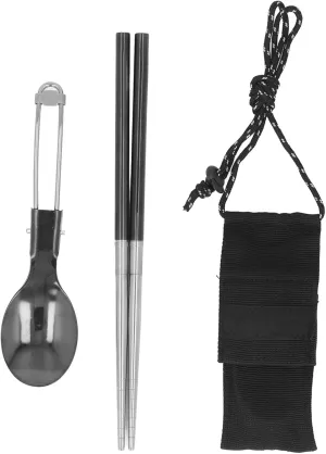 Portable Utensils Set, 304 Stainless Steel Spoon and Chopsticks Set Foldable Spoon and Detachable Chopsticks Reusable Cutlery Set with Storage Bag for Home Travel Camping School