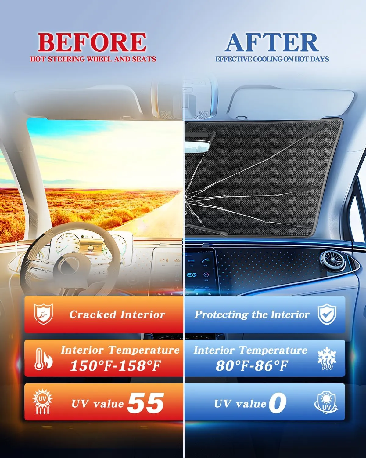 Portable Windshield Sunshade Umbrella Custom Fit for Hyundai Santa Cruz 2022-2025, 2 in1 Ice Crystal Durable Compact Shade Umbrella UPF50  UV Front Window Heat Insulation Protection Outdoor Camping