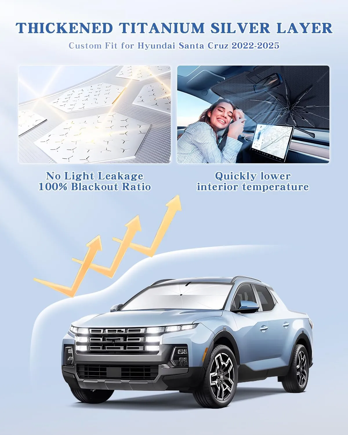 Portable Windshield Sunshade Umbrella Custom Fit for Hyundai Santa Cruz 2022-2025, 2 in1 Ice Crystal Durable Compact Shade Umbrella UPF50  UV Front Window Heat Insulation Protection Outdoor Camping