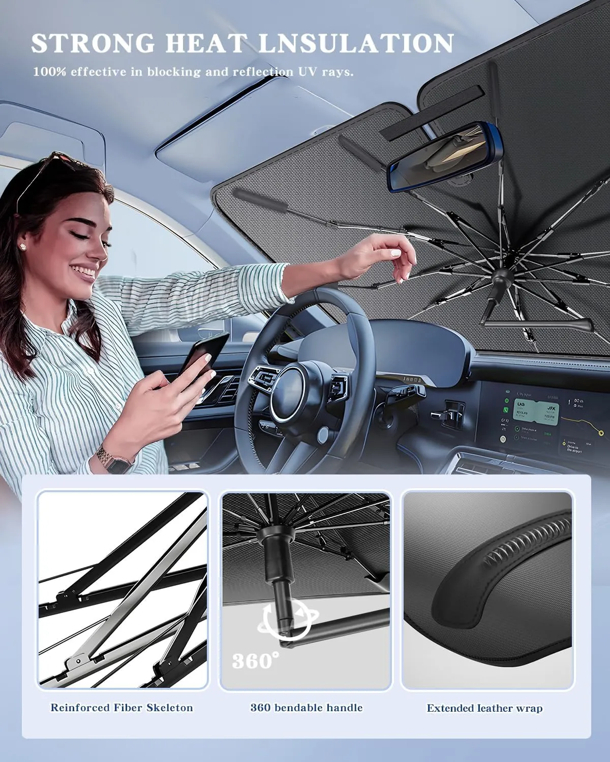Portable Windshield Sunshade Umbrella Custom Fit for Hyundai Santa Cruz 2022-2025, 2 in1 Ice Crystal Durable Compact Shade Umbrella UPF50  UV Front Window Heat Insulation Protection Outdoor Camping