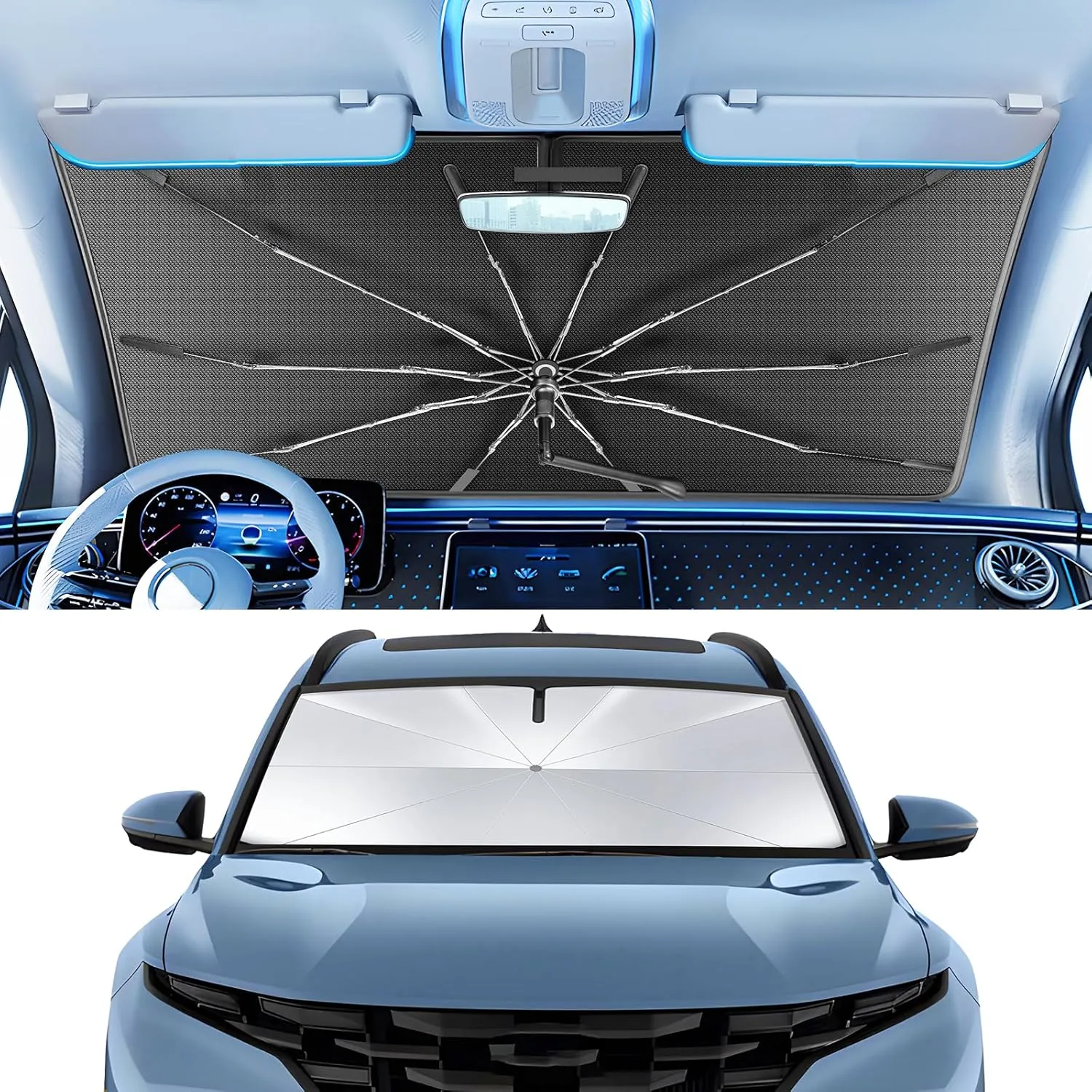 Portable Windshield Sunshade Umbrella Custom Fit for Hyundai Santa Cruz 2022-2025, 2 in1 Ice Crystal Durable Compact Shade Umbrella UPF50  UV Front Window Heat Insulation Protection Outdoor Camping