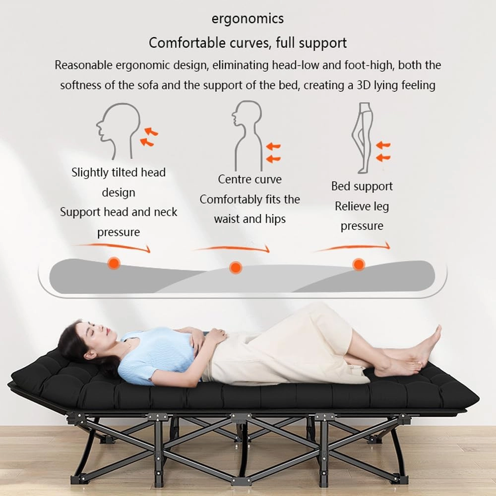 Portable Adult Camping Bed with Mattress,28" Wide Heavy Duty Folding Bed,Suitable for Outdoor Travelling,Camping,Home Office Napping,Maximum Load Capacity 440LB (Embossed Cotton Pad, Black)