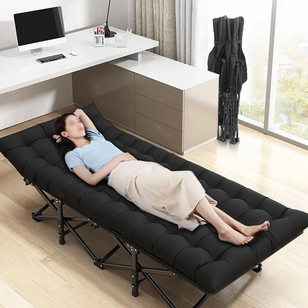 Portable Adult Camping Bed with Mattress,28" Wide Heavy Duty Folding Bed,Suitable for Outdoor Travelling,Camping,Home Office Napping,Maximum Load Capacity 440LB (Embossed Cotton Pad, Black)
