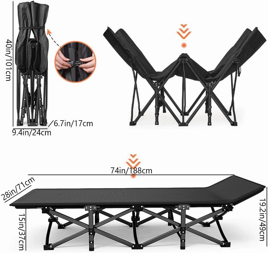 Portable Adult Camping Bed with Mattress,28" Wide Heavy Duty Folding Bed,Suitable for Outdoor Travelling,Camping,Home Office Napping,Maximum Load Capacity 440LB (Embossed Cotton Pad, Black)