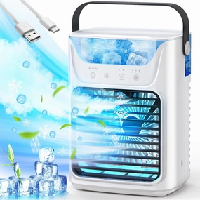 Portable Air Conditioner, 4 in 1 Mini Air Conditioner with 650ml Water Tank, Portable Air Cooler with 3 Speeds & 7 LED Lights, Personal Desktop Cooling Fan for Car Home Camping Room
