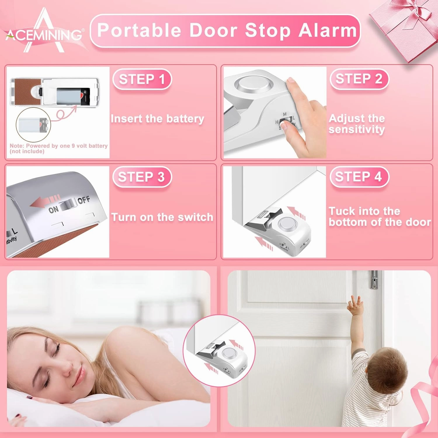 Portable Door Lock Home Security Door Locker Travel Lockdown Locks for Additional Safety and Privacy Perfect for Traveling Hotel Home Apartment College-Pink-4 Pack