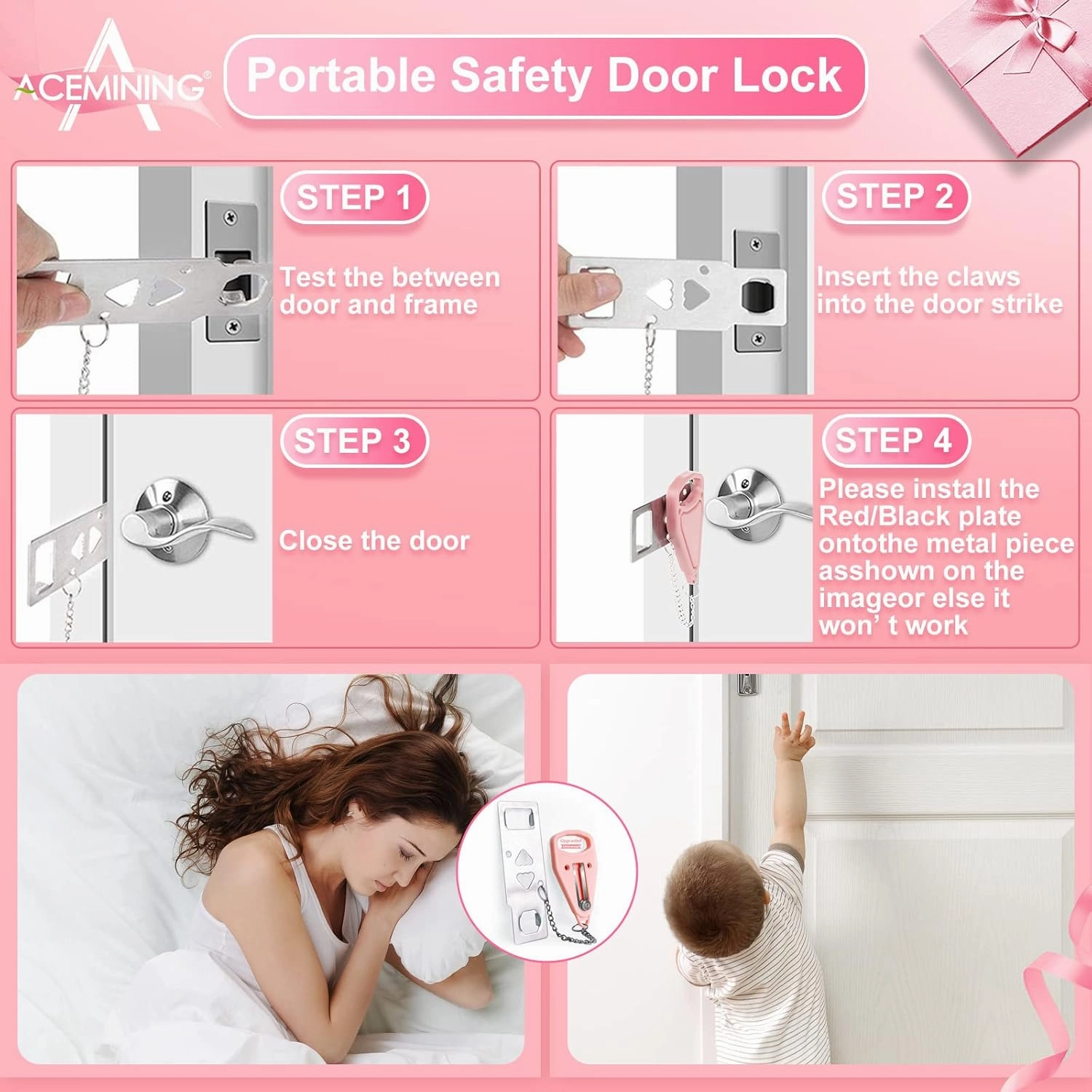 Portable Door Lock Home Security Door Locker Travel Lockdown Locks for Additional Safety and Privacy Perfect for Traveling Hotel Home Apartment College-Pink-4 Pack