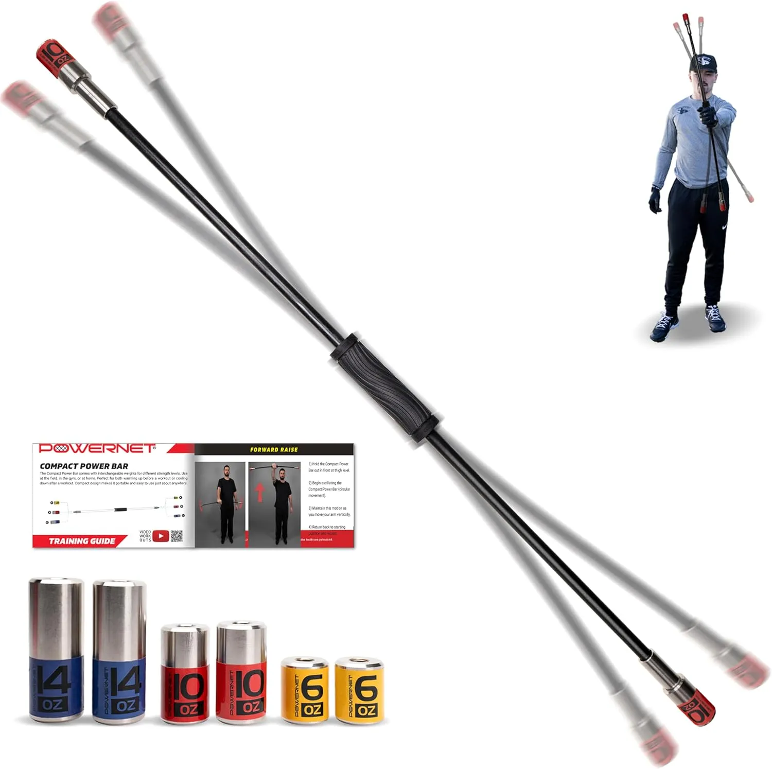 PowerNet Compact Power Bar, Weighted Tube with Interchangeable Weights, Strength Training Shoulder Rehabilitation Aid, Baseball Training Warm Up Cool Down, Increase Strength, Mobility & Flexibility