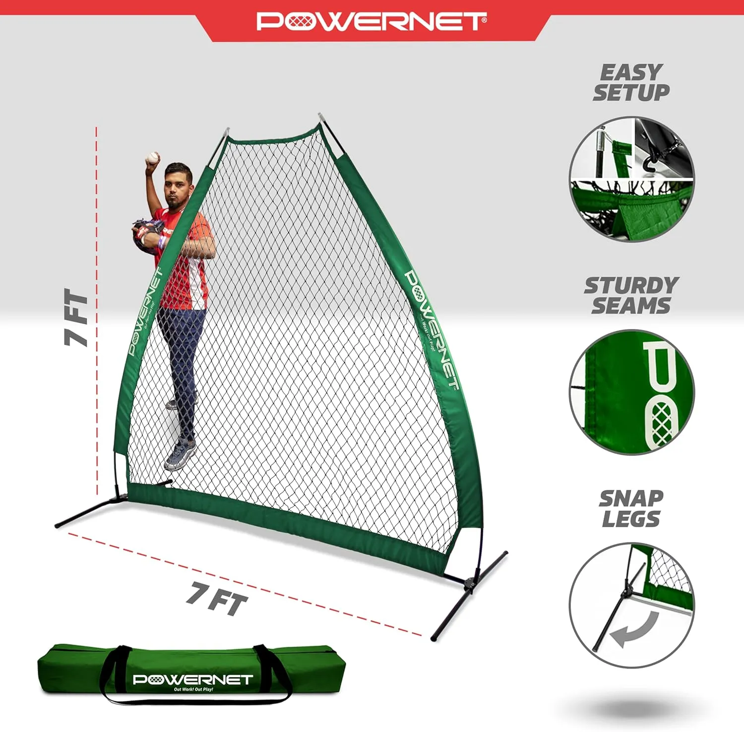 PowerNet Portable Softball & Baseball Batting Practice Pitching Screen, 7-FT I-Frame or A-Frame Pitching Net