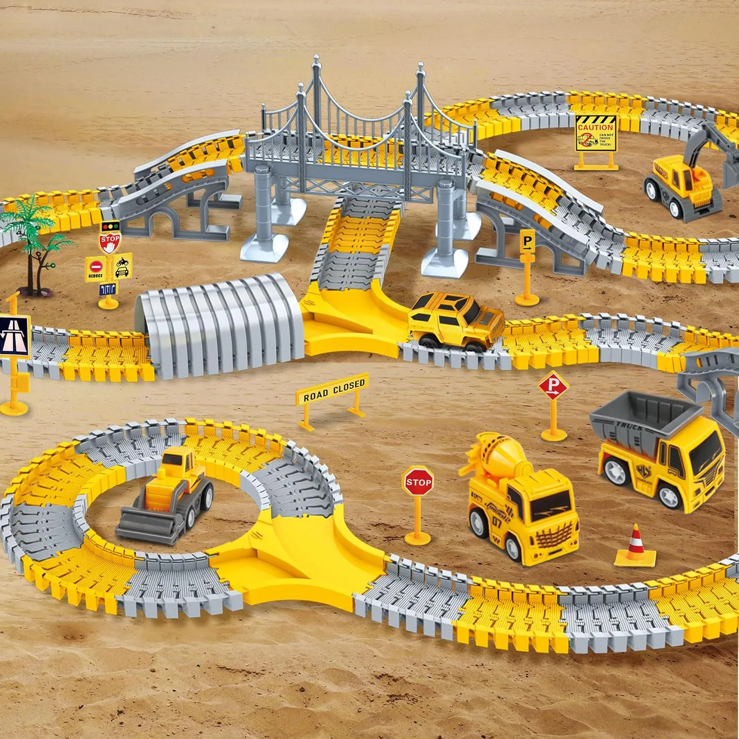 PowerTRC Construction Car Race Track for Kids, Construction TrucksWith Flexible Race Track Playset, Design Your Own Creative Track, 345 Piece Set, Road Engineering Gift for 3 4 5 6 7 8 Boys Girls