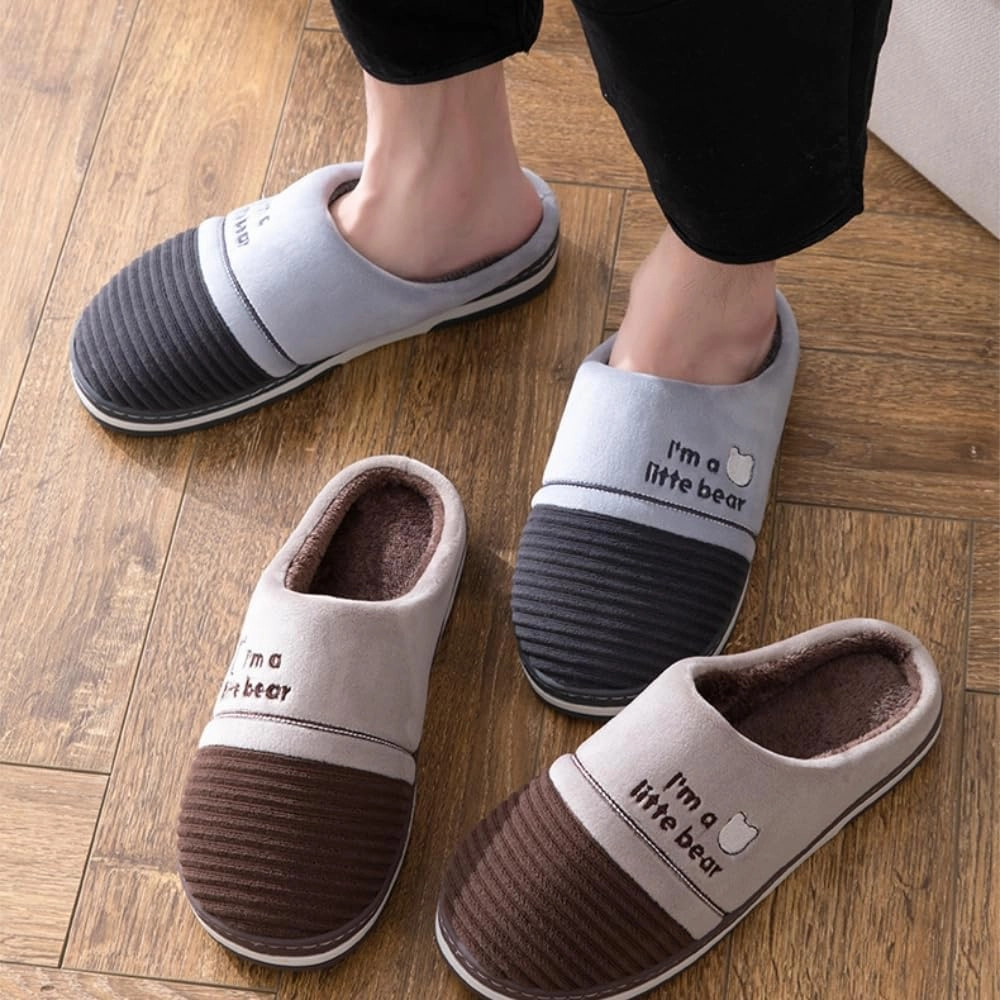 Premium Comfort Thermal Bear Stripes Patchwork Non Slip Men's Fuzzy House Slippers Inddor Soft Warm Shoes Plus Size