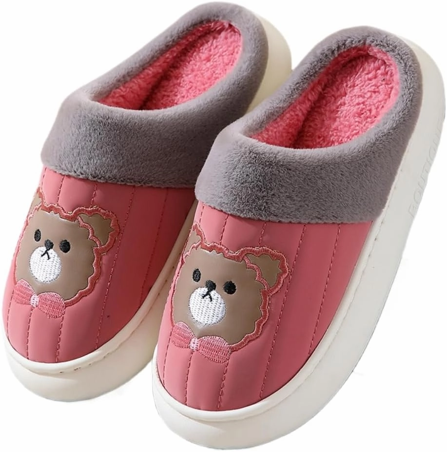 Premium Comfort Thermal Leather Bear Bow Cartoon Non Slip Women's Fuzzy House Slippers Indoor Soft Warm Furry Shoes