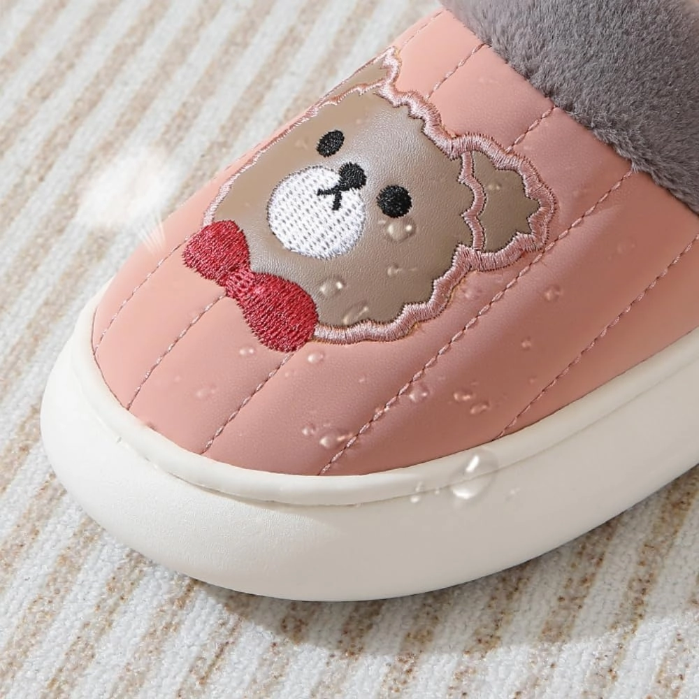 Premium Comfort Thermal Leather Bear Bow Cartoon Non Slip Women's Fuzzy House Slippers Indoor Soft Warm Furry Shoes