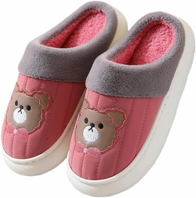 Premium Comfort Thermal Leather Bear Bow Cartoon Non Slip Women's Fuzzy House Slippers Indoor Soft Warm Furry Shoes