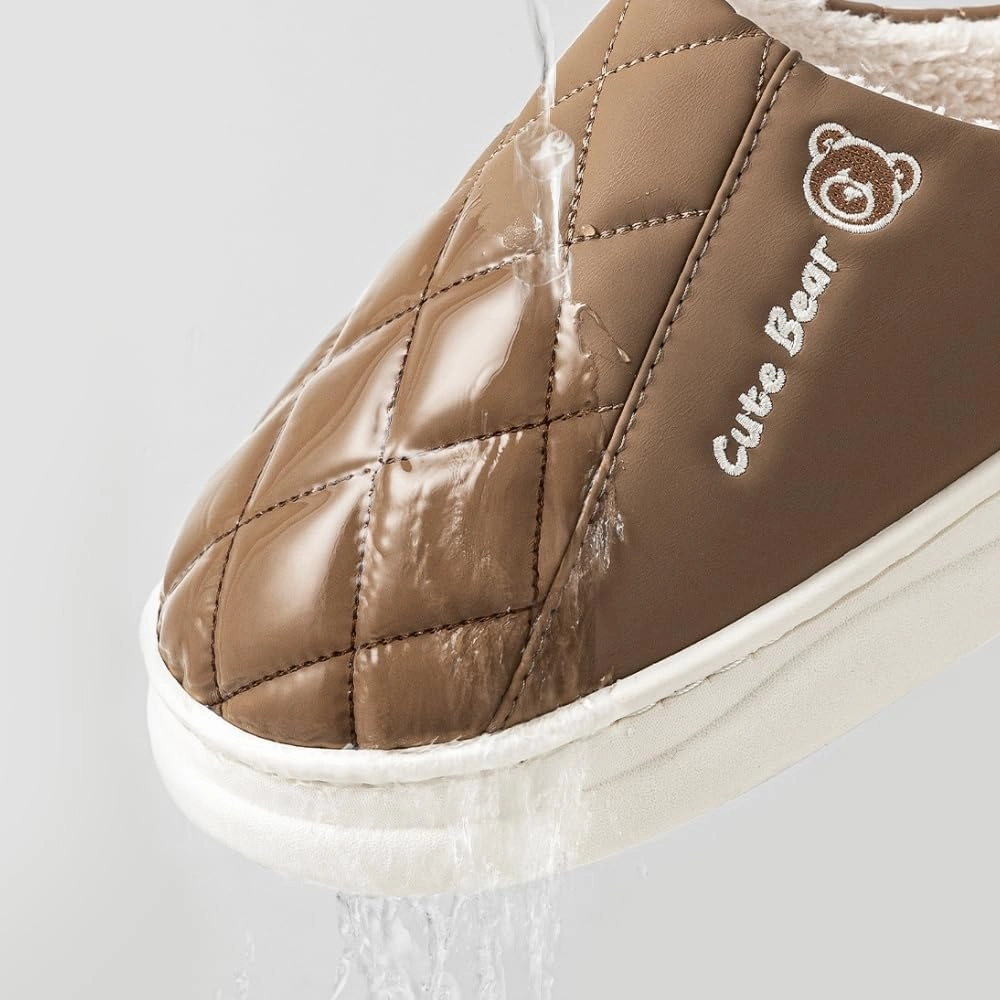Premium Comfort Thermal Leather Cute Bear Non Slip Women's Fuzzy House Slippers Indoor Soft Warm Kawaii Furry Shoes