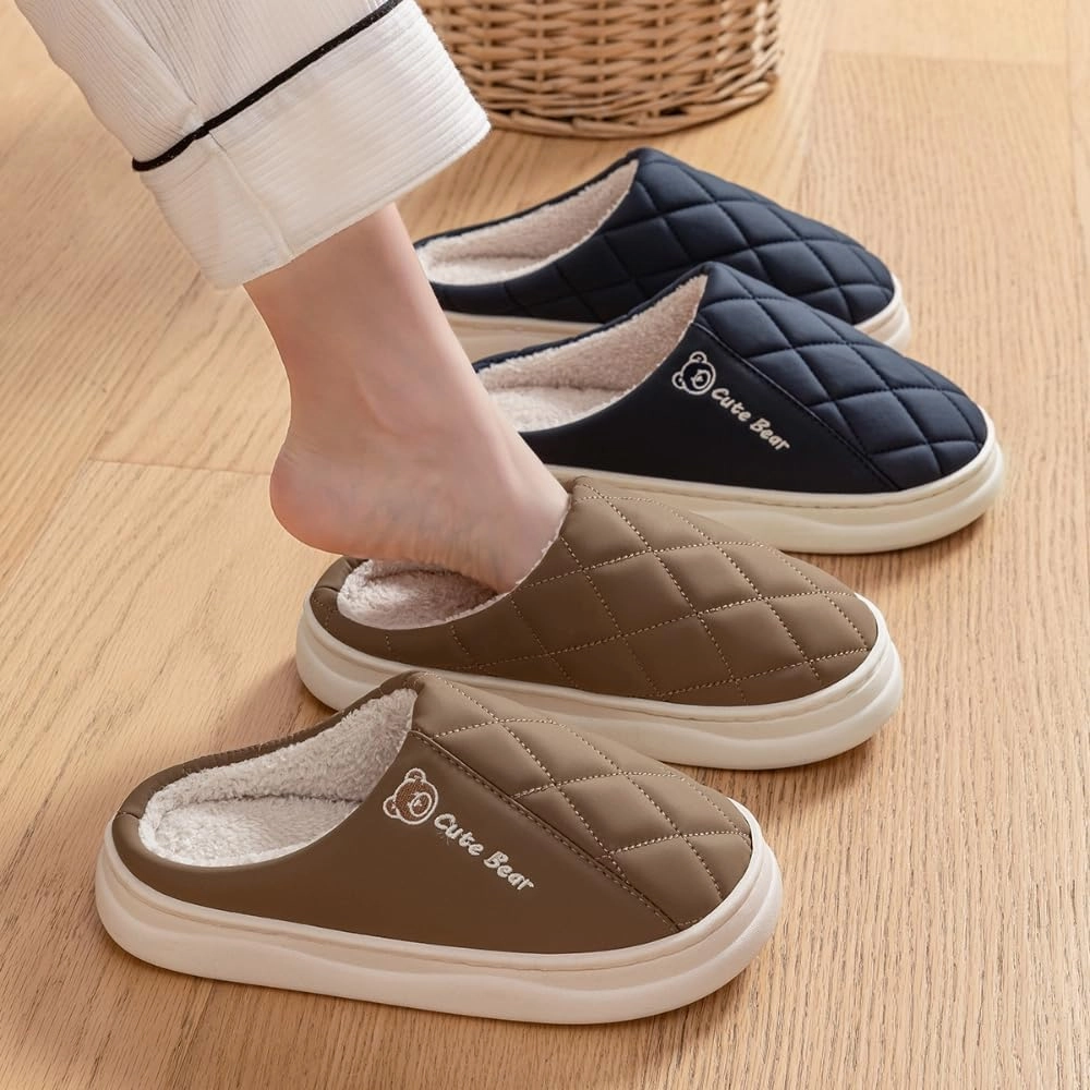 Premium Comfort Thermal Leather Cute Bear Non Slip Women's Fuzzy House Slippers Indoor Soft Warm Kawaii Furry Shoes