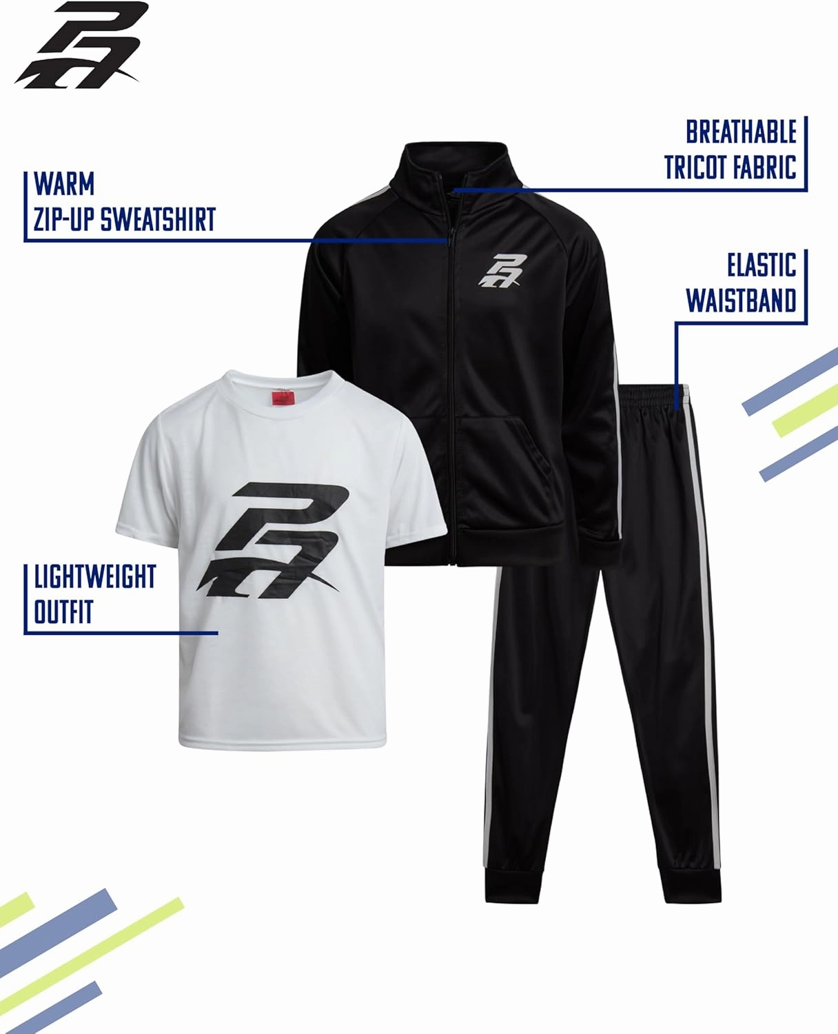 Pro Athlete Boys' Jogger Set - 3 Piece Short Sleeve Graphic Tee, Zip Up Tricot Sweatshirt and Sweatpants for Boys (8-12)