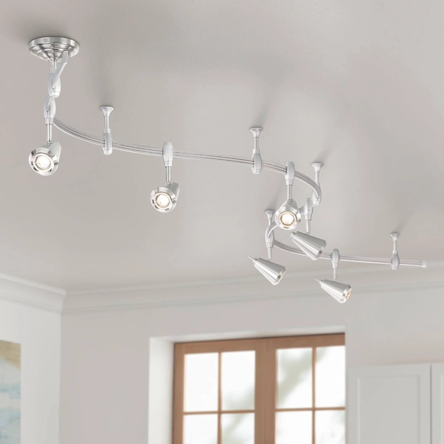 Pro Track Track Light Fixture - 6 Head LED Track Light, Brushed Nickel, Adjustable Monorail Modern for Ceilings, Kitchen Islands, Bedrooms, Foyers, Living Rooms - 108" Wide, 9 1/4" High