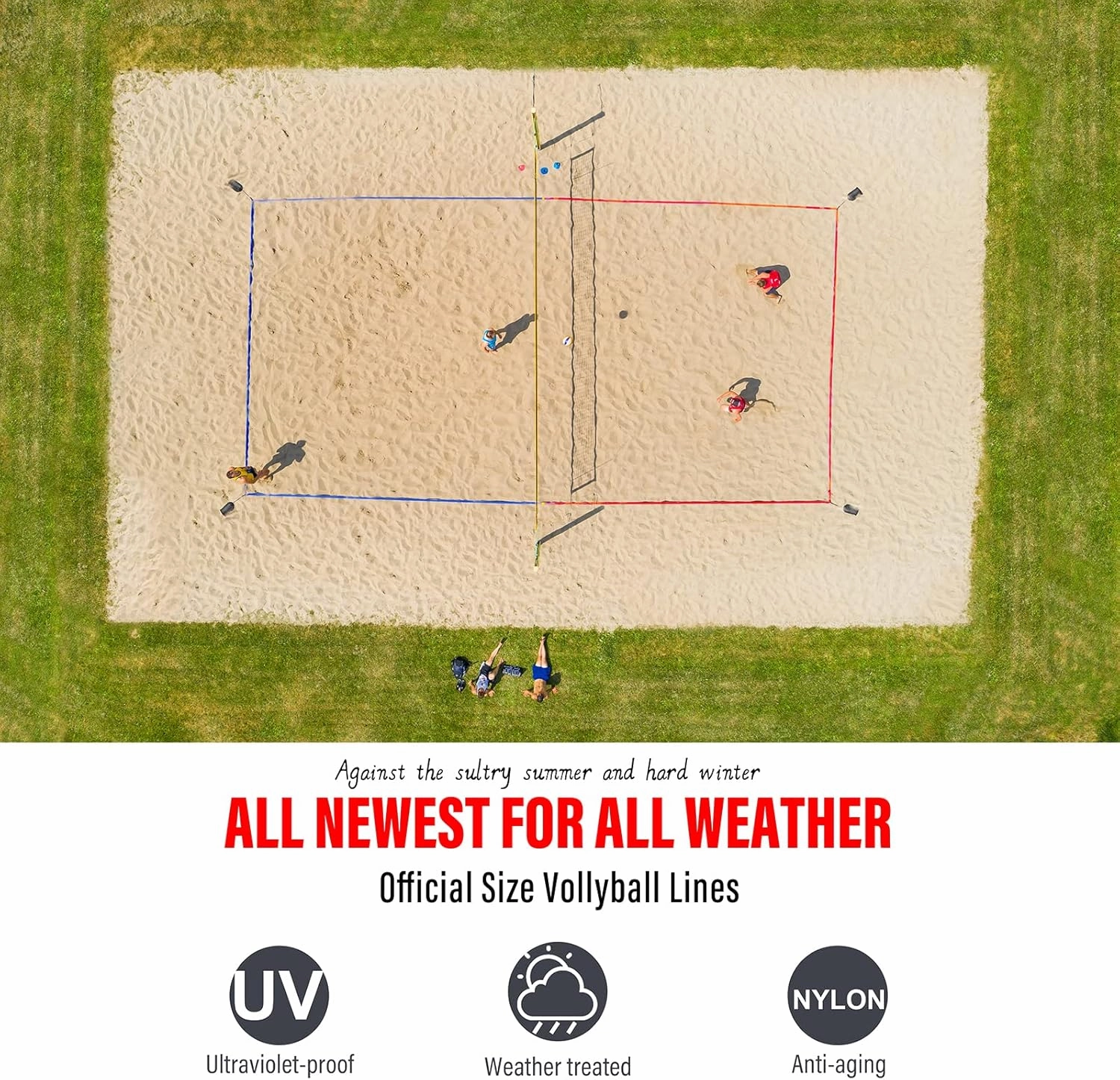 Professional Beach Volleyball Lines for Sand 26.3' X 52.6'| 30' X 60', 2 inch, Better Visible, Upgraded Weather Resistance, with Metal Anchors & Sand Bags