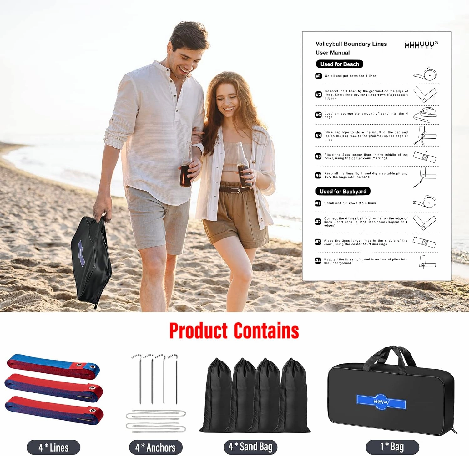Professional Beach Volleyball Lines for Sand 26.3' X 52.6'| 30' X 60', 2 inch, Better Visible, Upgraded Weather Resistance, with Metal Anchors & Sand Bags