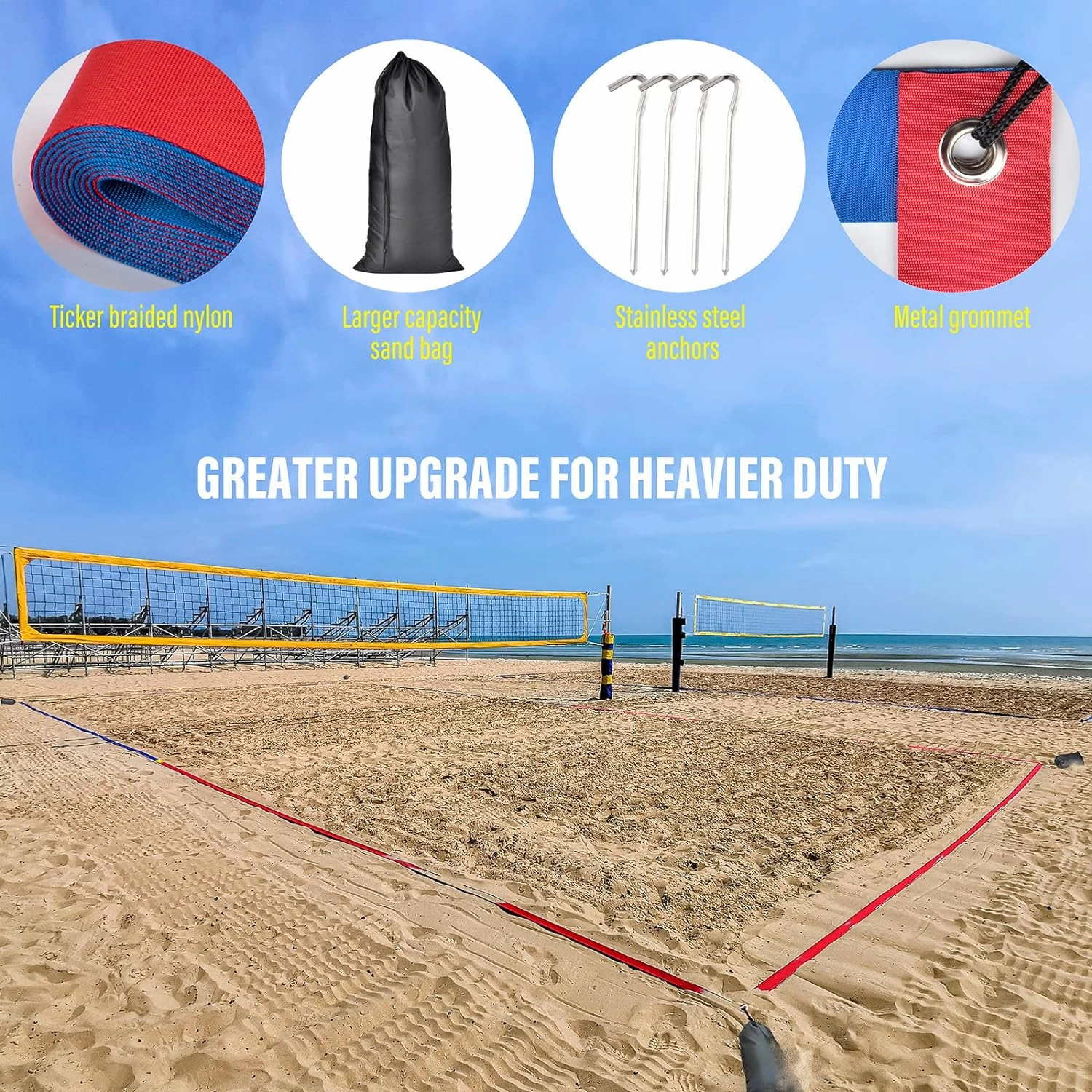 Professional Beach Volleyball Lines for Sand 26.3' X 52.6'| 30' X 60', 2 inch, Better Visible, Upgraded Weather Resistance, with Metal Anchors & Sand Bags