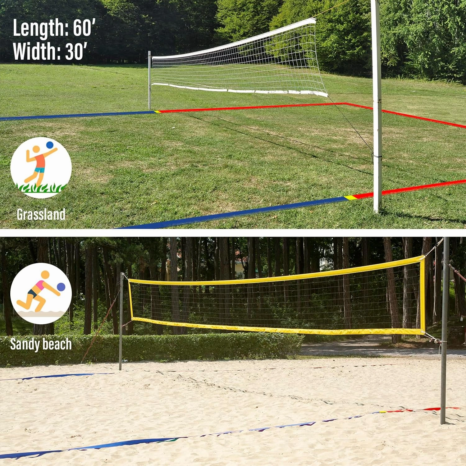 Professional Beach Volleyball Lines for Sand 26.3' X 52.6'| 30' X 60', 2 inch, Better Visible, Upgraded Weather Resistance, with Metal Anchors & Sand Bags