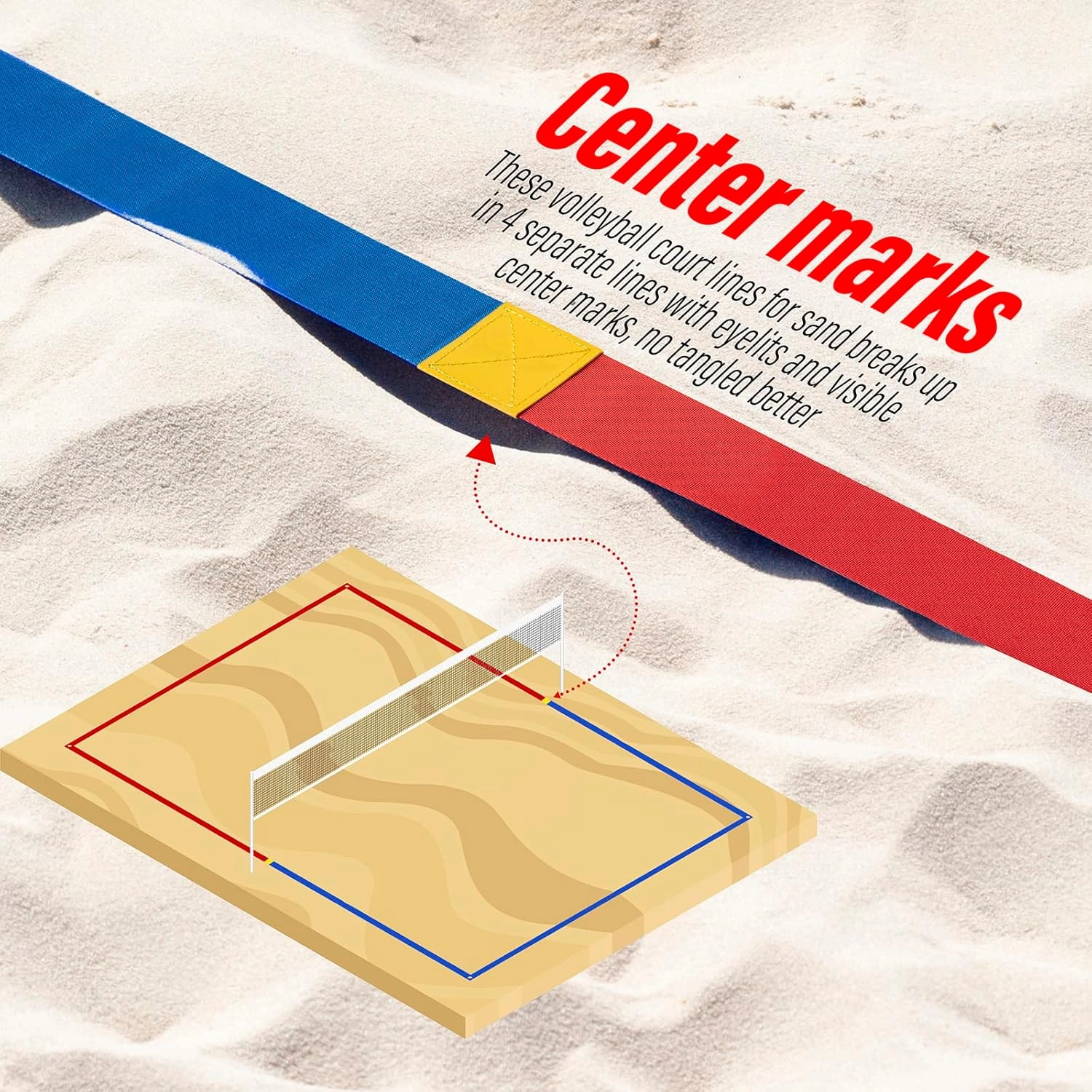 Professional Beach Volleyball Lines for Sand 26.3' X 52.6'| 30' X 60', 2 inch, Better Visible, Upgraded Weather Resistance, with Metal Anchors & Sand Bags