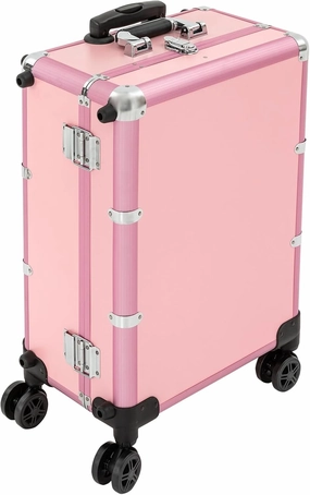 Professional Cosmetic Travel Case,3 Tiers Rolling Makeup Train Case,Height Adjustable Cosmetic Organizer Box with 3Color LED Lighted Mirror,12V Portable Trolley Salon Station, Pink (Pink)